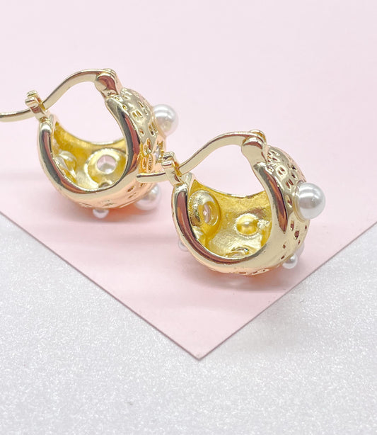 18k Gold Filled Gold Basket Hoop with Mismatched Pearl and CZ Stones Engraved