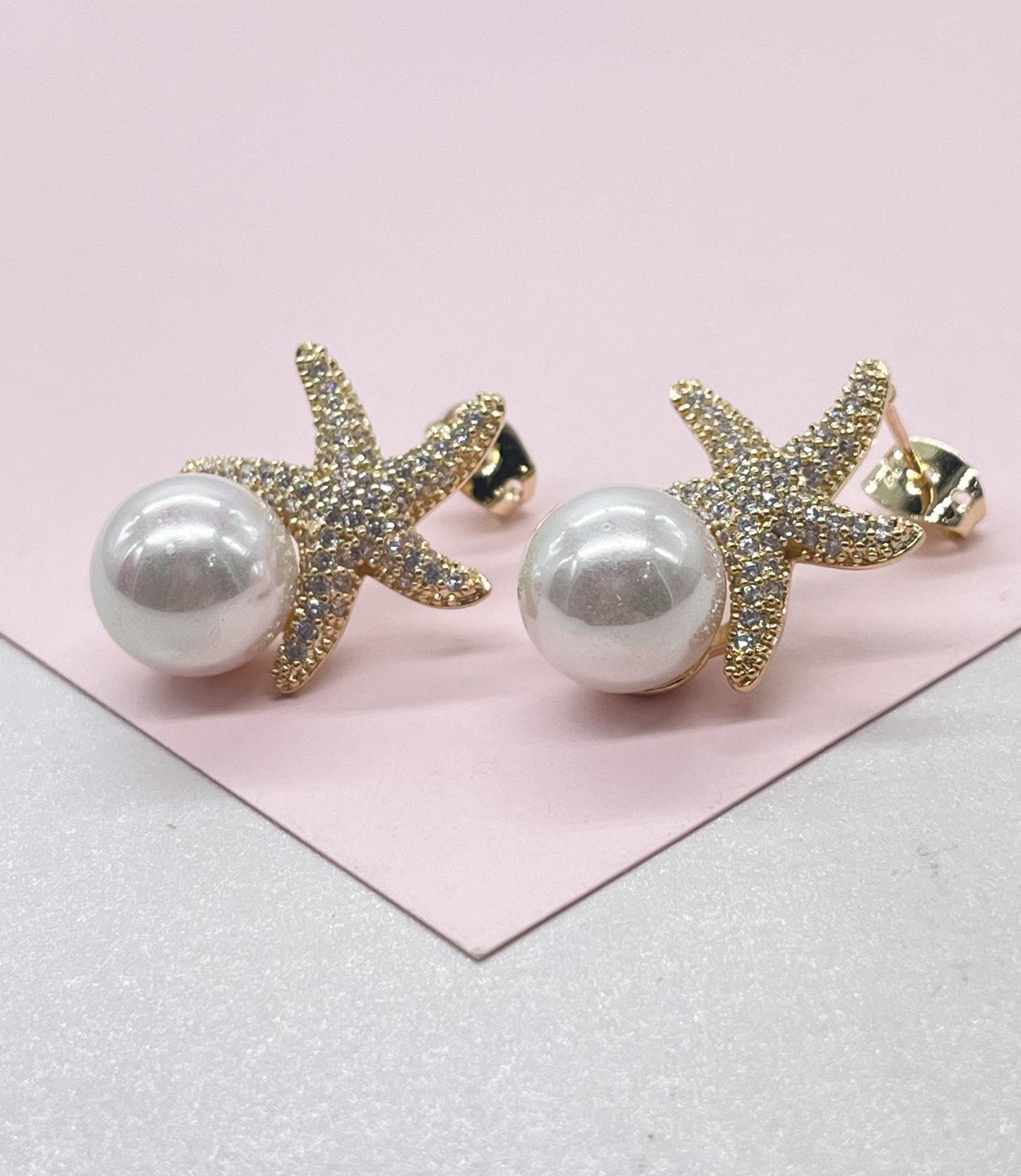 18k Gold Filled CZ Pave Star and Faux Pearl Stud Earring Featuring StarFish
