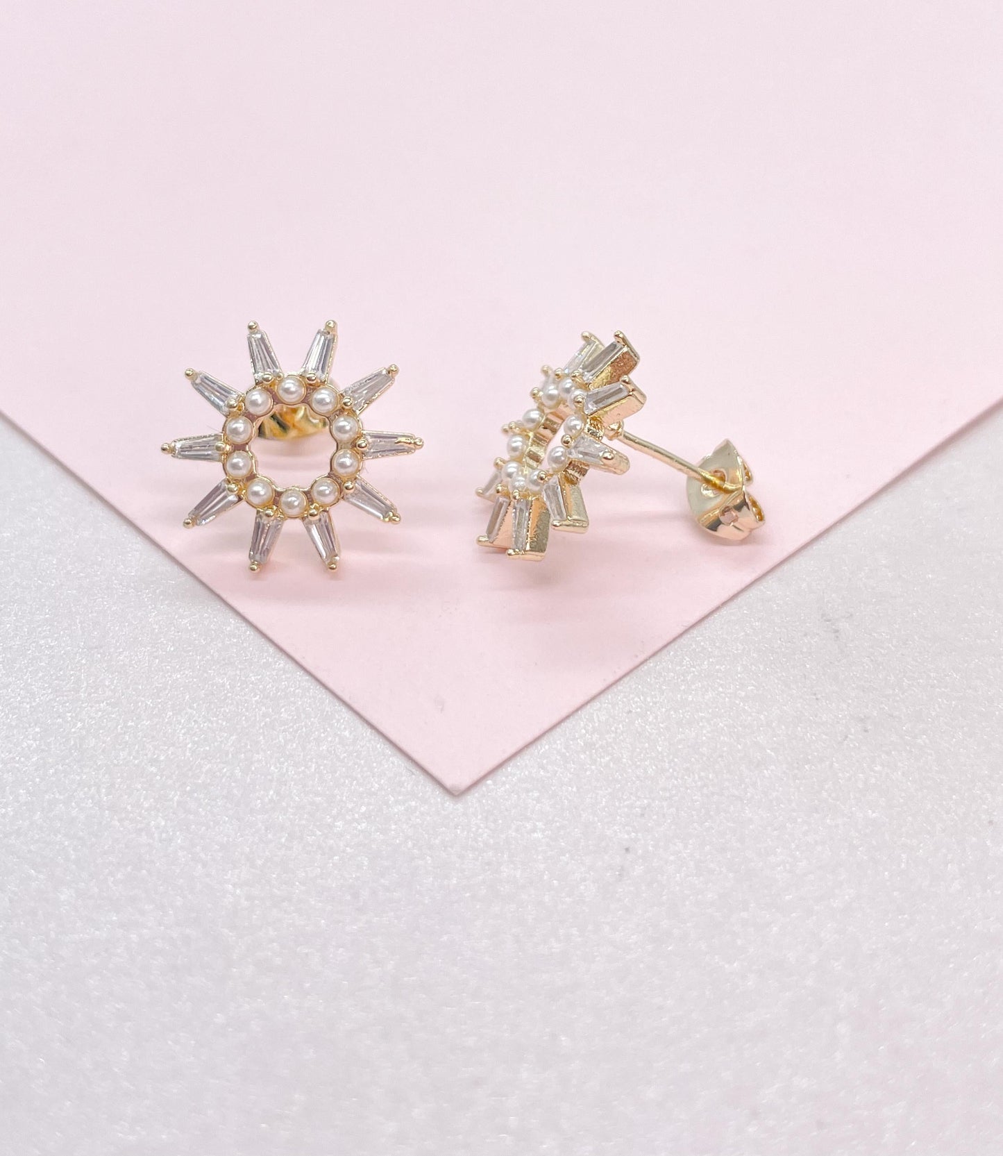 18k Gold Filled Sunburst Pearl Earring Crowned with CZ