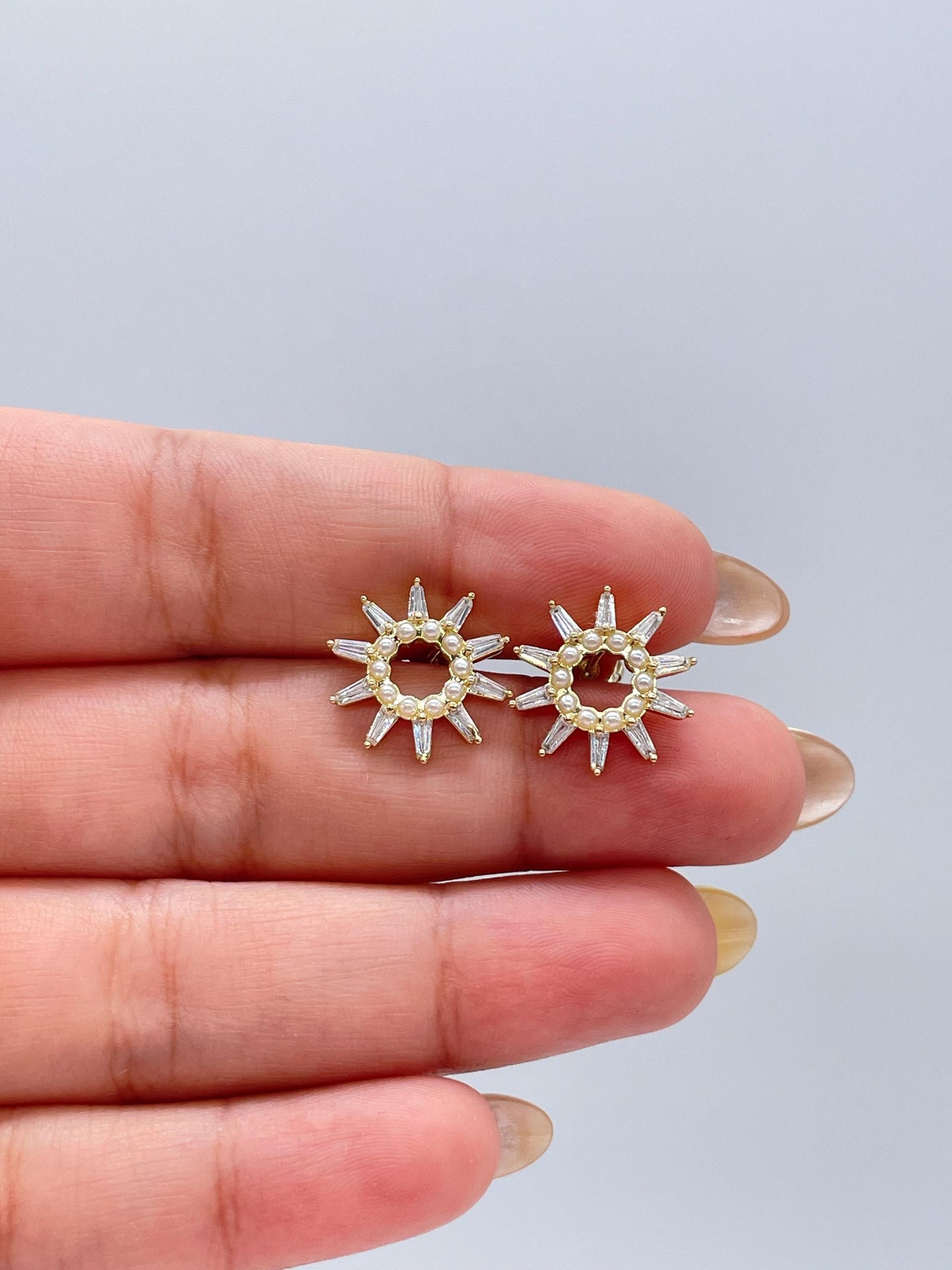 18k Gold Filled Sunburst Pearl Earring Crowned with CZ