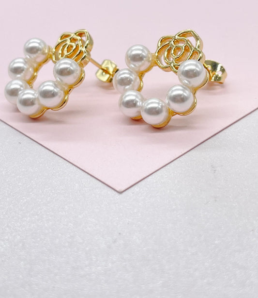 18k Gold Filled Open Circle Drop Earring featuring Smooth Pearls all around and flower