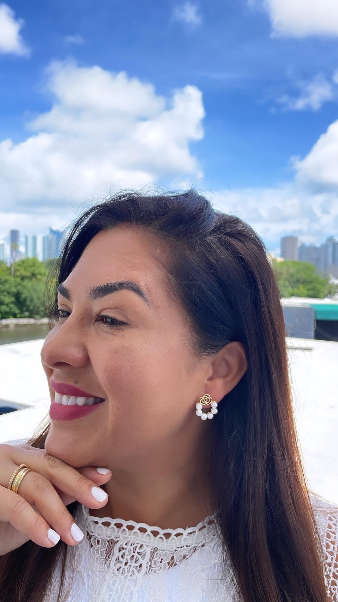 18k Gold Filled Open Circle Drop Earring featuring Smooth Pearls all around and flower