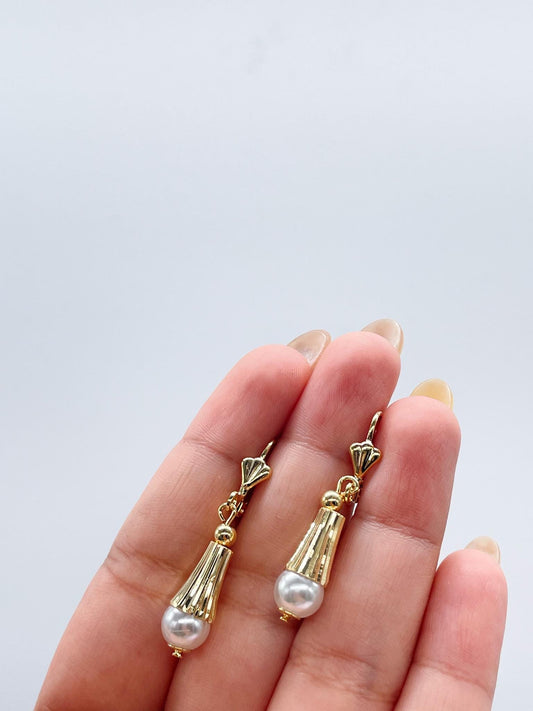 18k Gold Filled Cylinder-Cone Shape Drop Earring featuring a Small Smooth Pearl