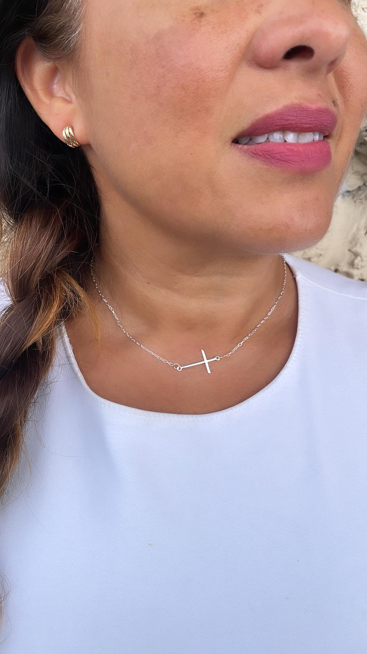 18k Silver Filled Curb Link Choker with Dainty Flat Cross Necklace, Minimalistic Choker, Dainty Cross, Religious Necklace