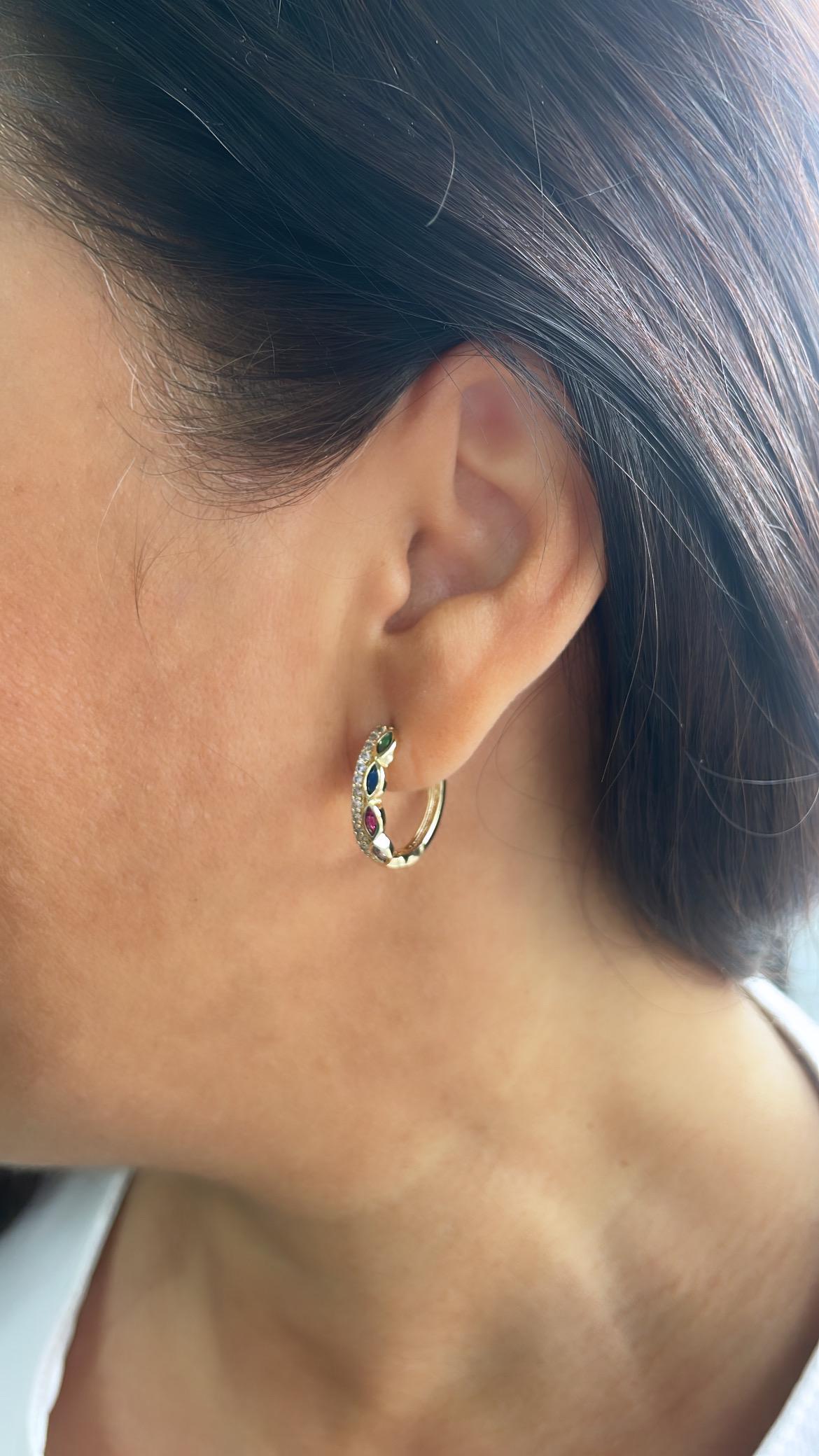 18k Gold Filled Huggie Hoop With Colorful Marquise cut Stones and CZ Pave