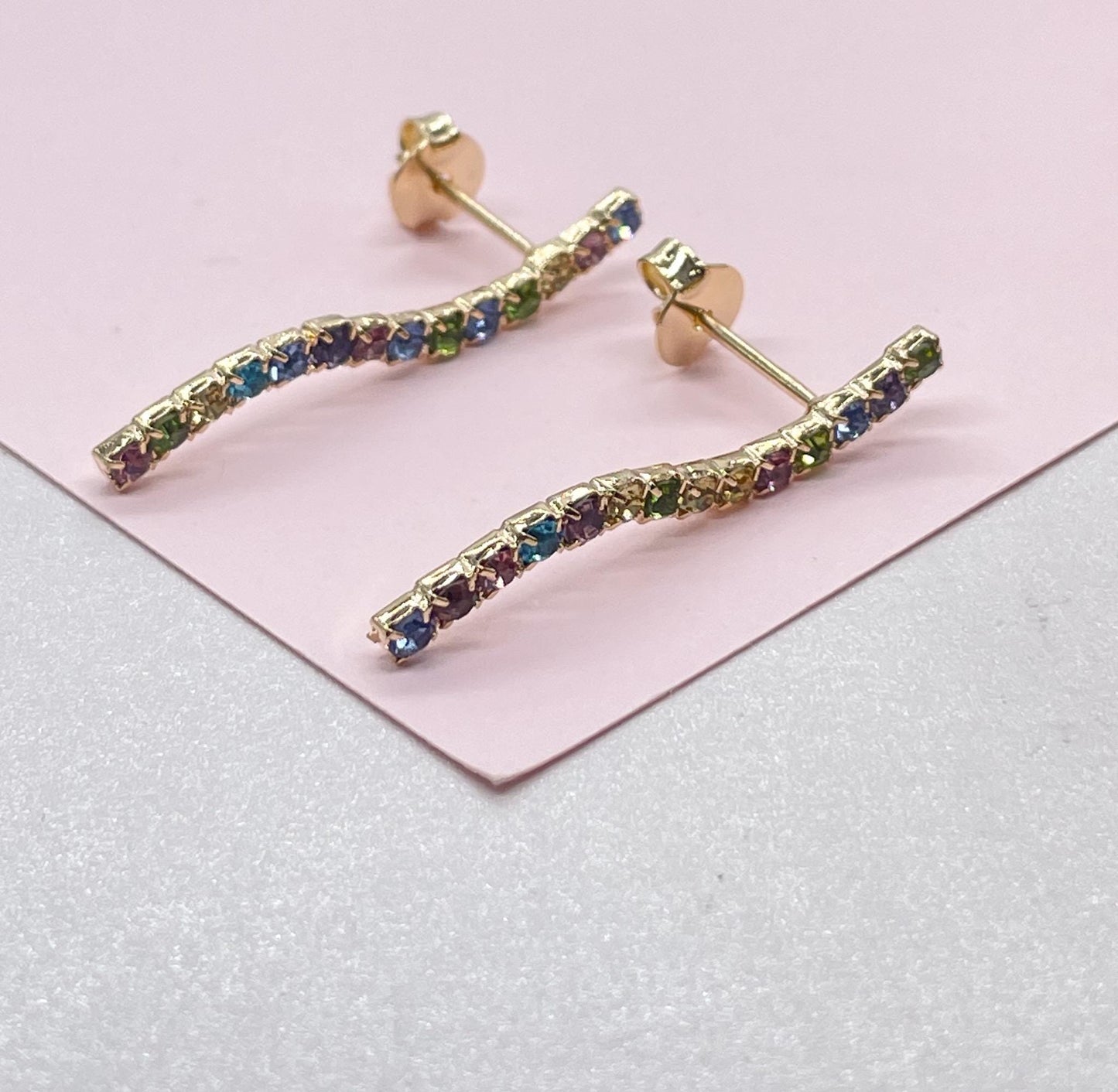 18k Gold Filled Dainty Colorful CZ Pave Line Stud Earring