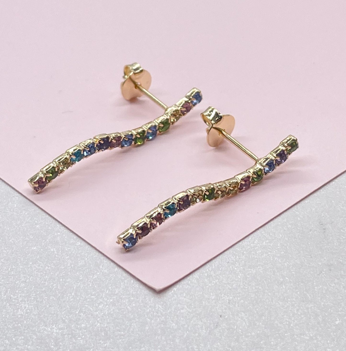 18k Gold Filled Dainty Colorful CZ Pave Line Stud Earring