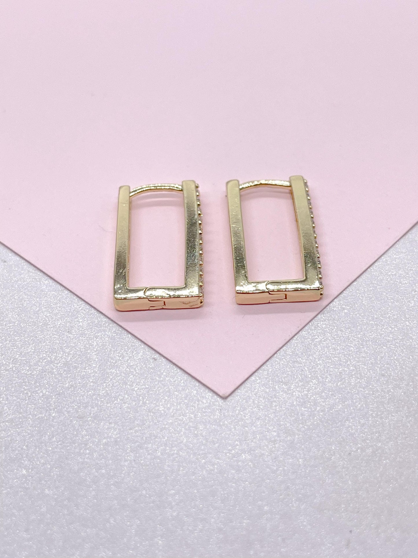 18k Gold Filled Minimalist Rectangle CZ Pave Hoop Earring