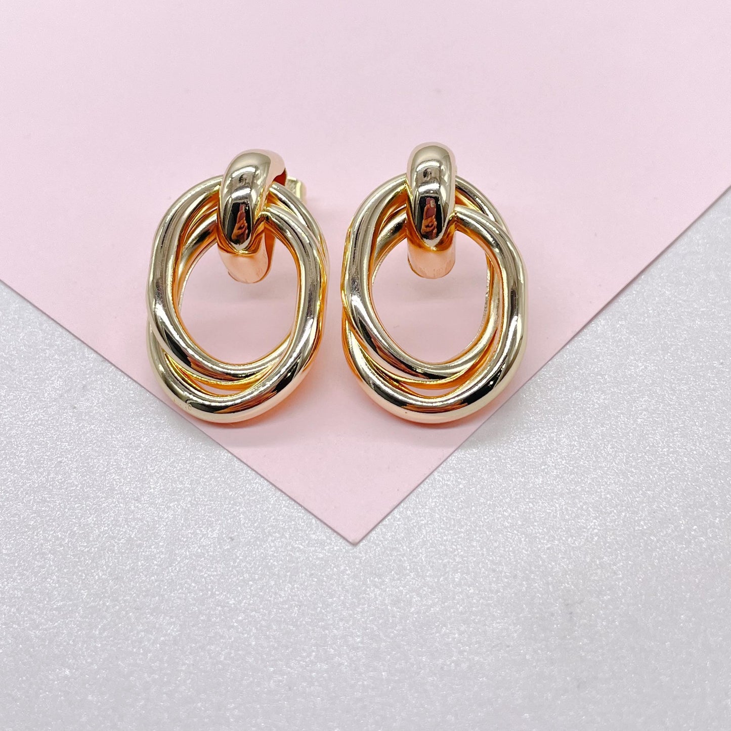 18k Gold Filled Doubled Layered Soft Angled Earrings, Long Oval statement earrings
