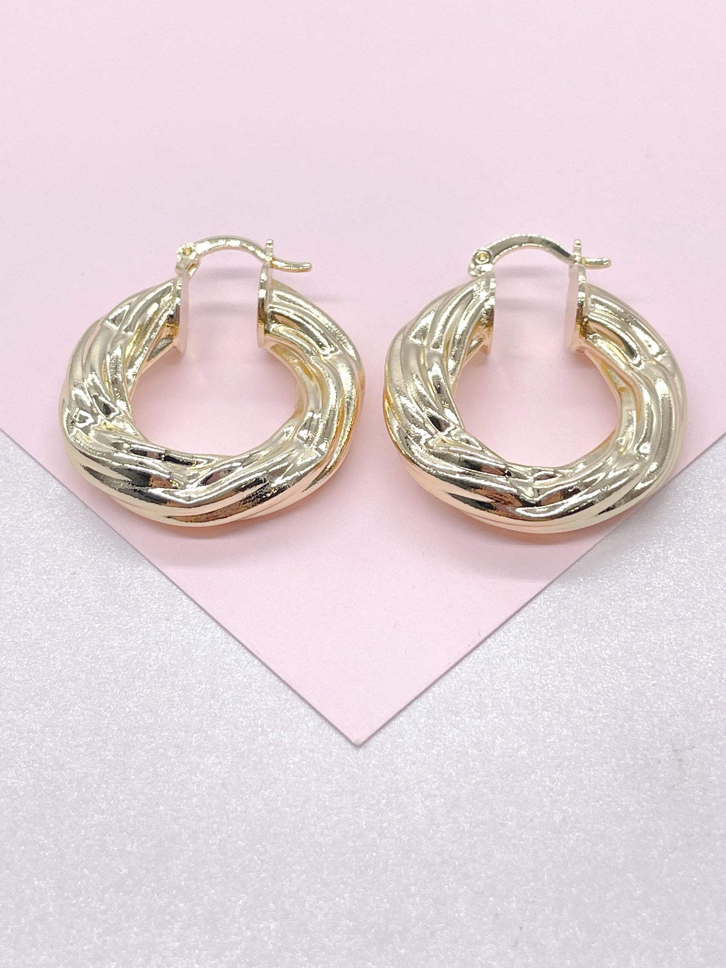 18k Gold Filled Twisted 7mm Thick Hoop Earrings, Thick and Flat Hoop