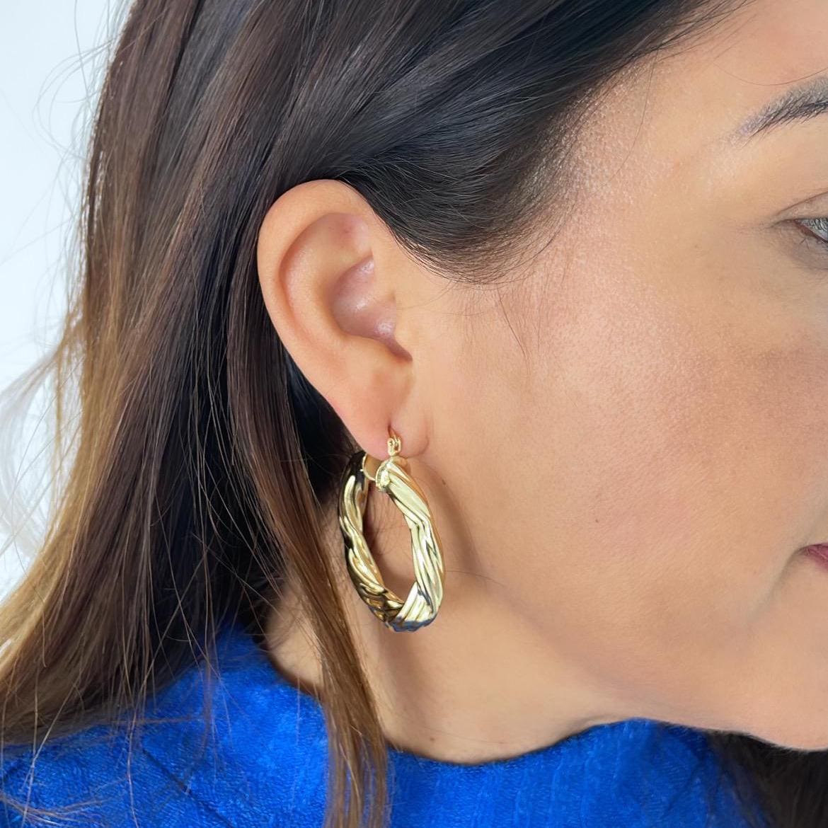 18k Gold Filled Twisted 7mm Thick Hoop Earrings, Thick and Flat Hoop