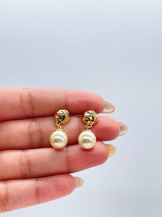 18k Gold Filled Textured Earring with Dangling Smooth Pearl