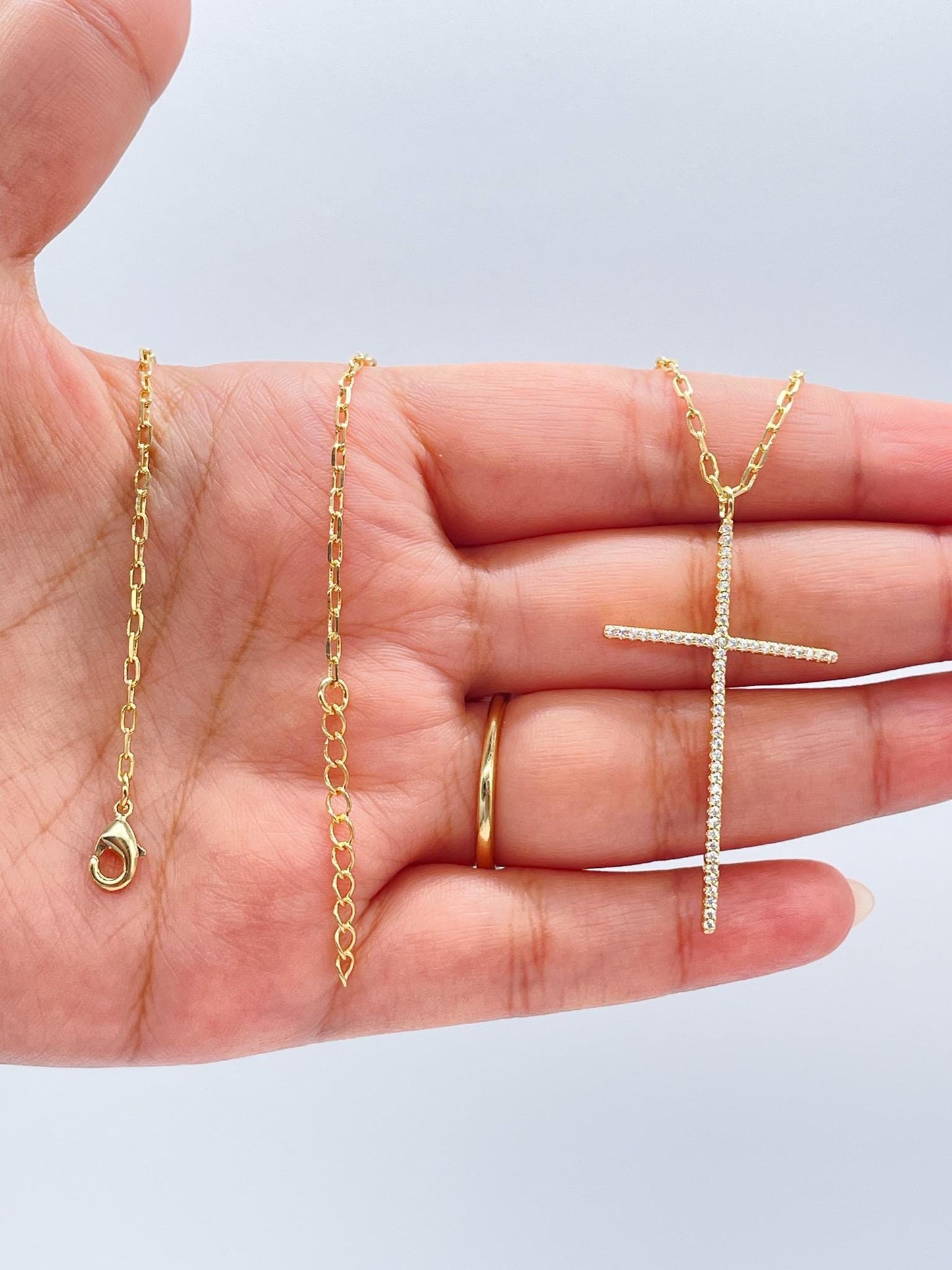 18k Gold Filled 1.5mm Ultra-Thin CZ Cross Pendant with Paper Clip Chain