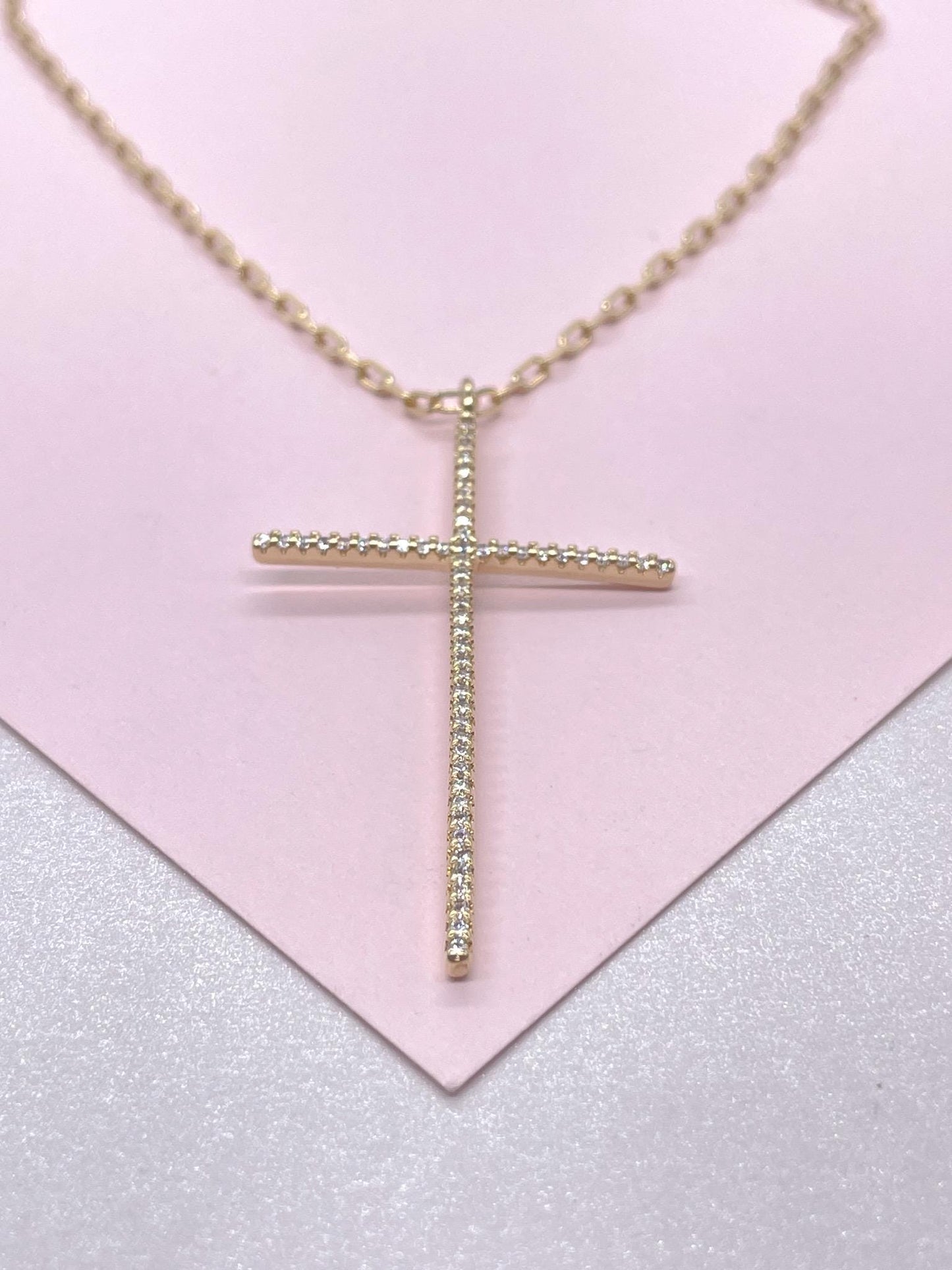 18k Gold Filled 1.5mm Ultra-Thin CZ Cross Pendant with Paper Clip Chain