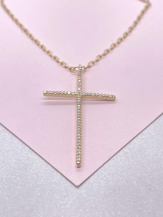 18k Gold Filled 1.5mm Ultra-Thin CZ Cross Pendant with Paper Clip Chain