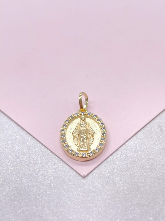 18k Gold Filled Virgin Mary Medallion Pendant Crowned with CZ Stones