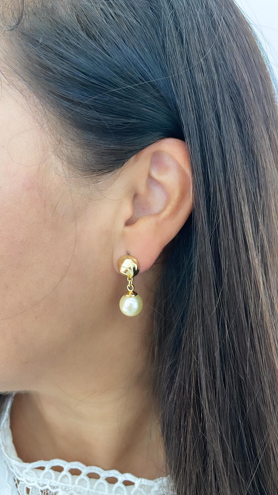 18k Gold Filled Textured Earring with Dangling Smooth Pearl