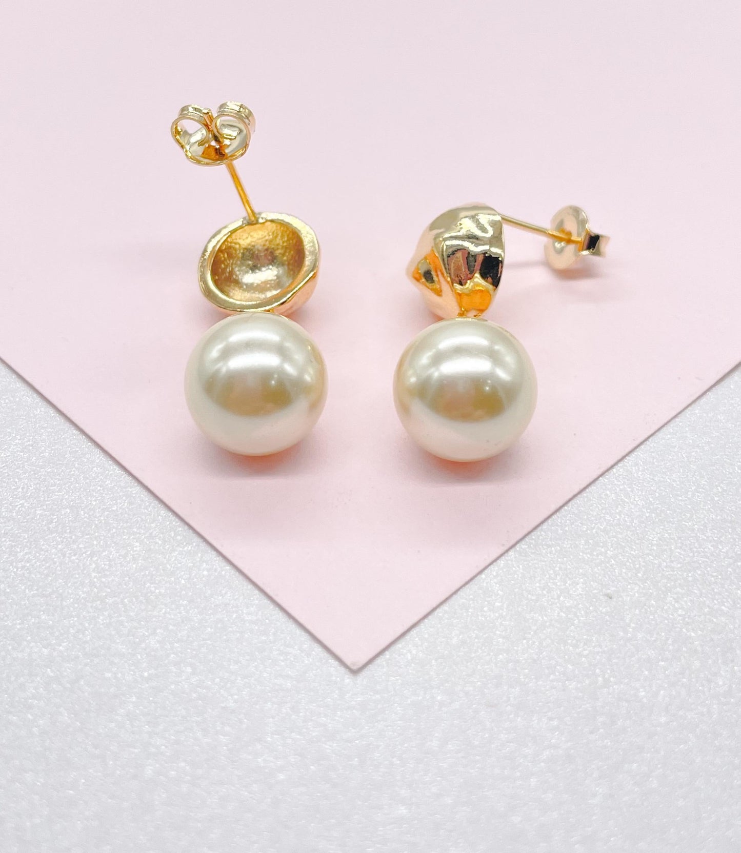 18k Gold Filled Textured Earring with Dangling Smooth Pearl