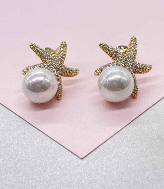 18k Gold Filled CZ Pave Star and Faux Pearl Stud Earring Featuring StarFish