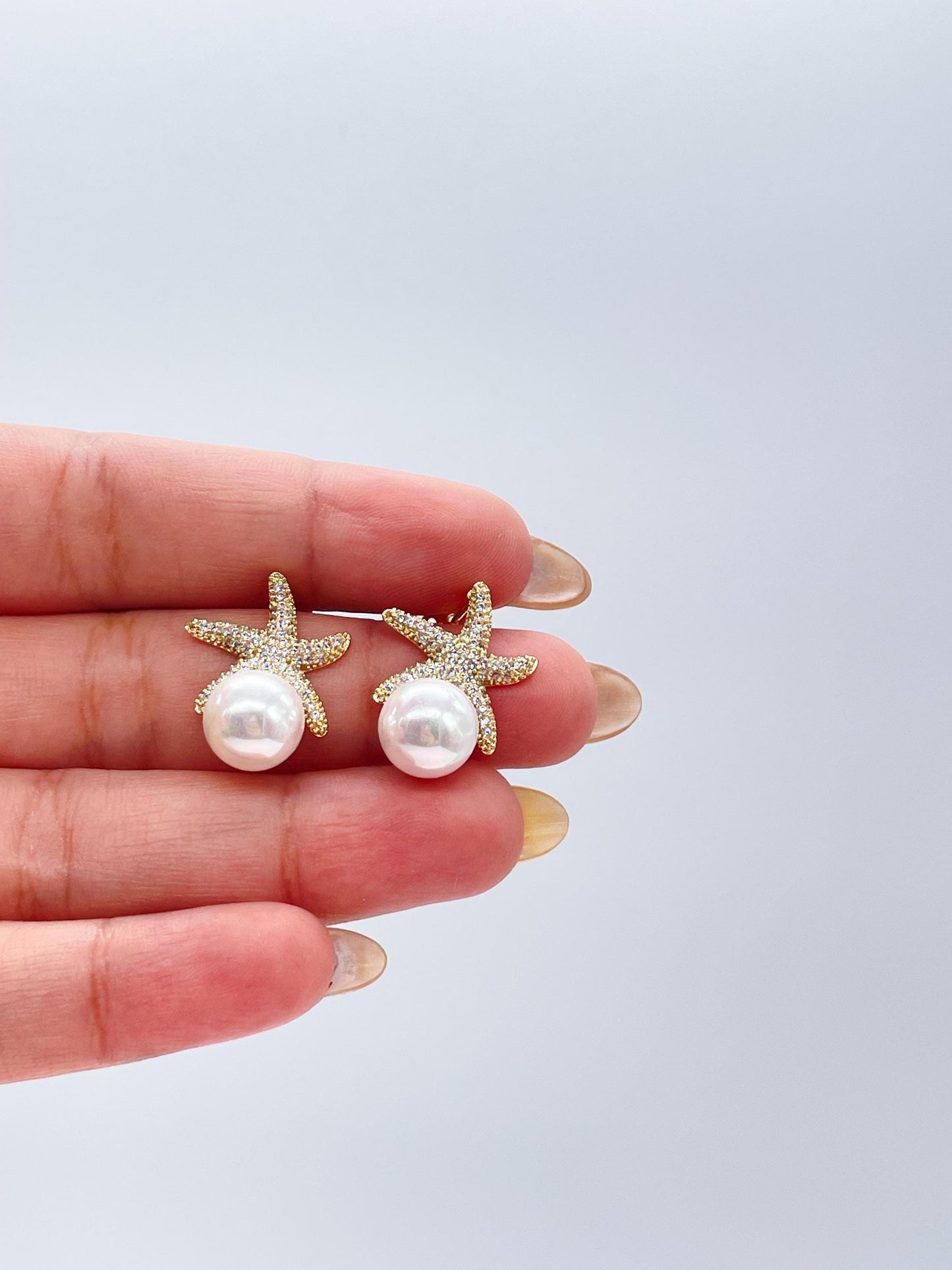 18k Gold Filled CZ Pave Star and Faux Pearl Stud Earring Featuring StarFish