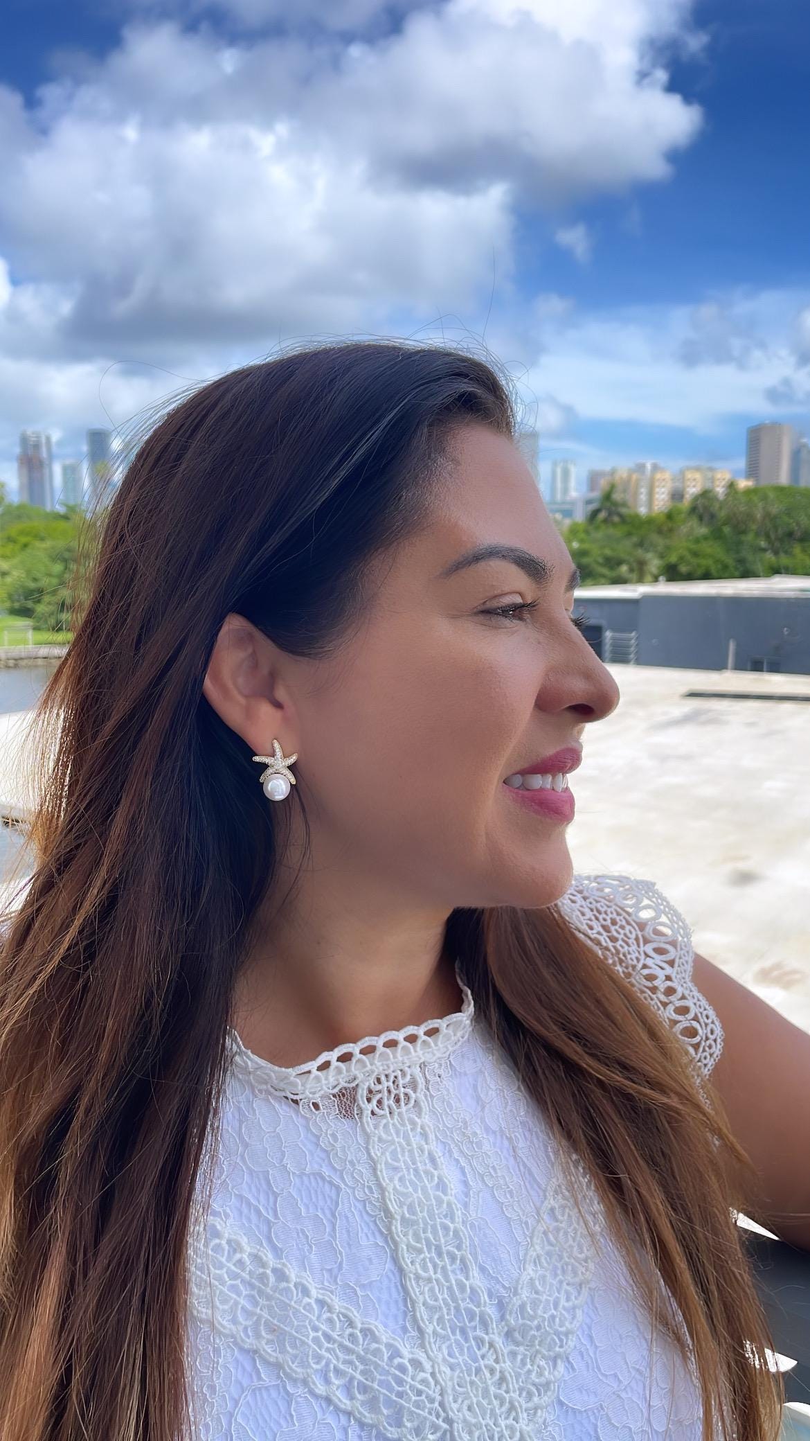 18k Gold Filled CZ Pave Star and Faux Pearl Stud Earring Featuring StarFish