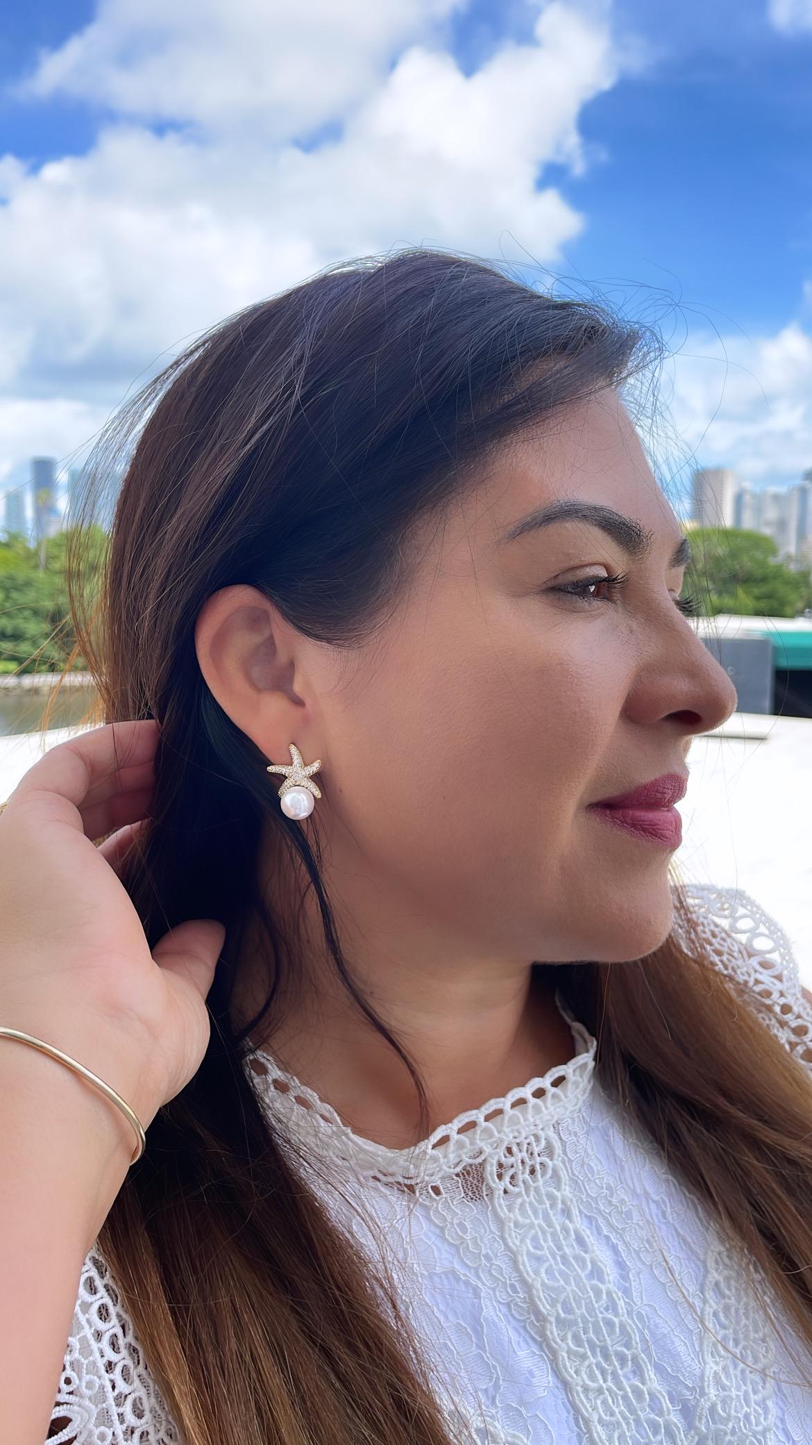 18k Gold Filled CZ Pave Star and Faux Pearl Stud Earring Featuring StarFish