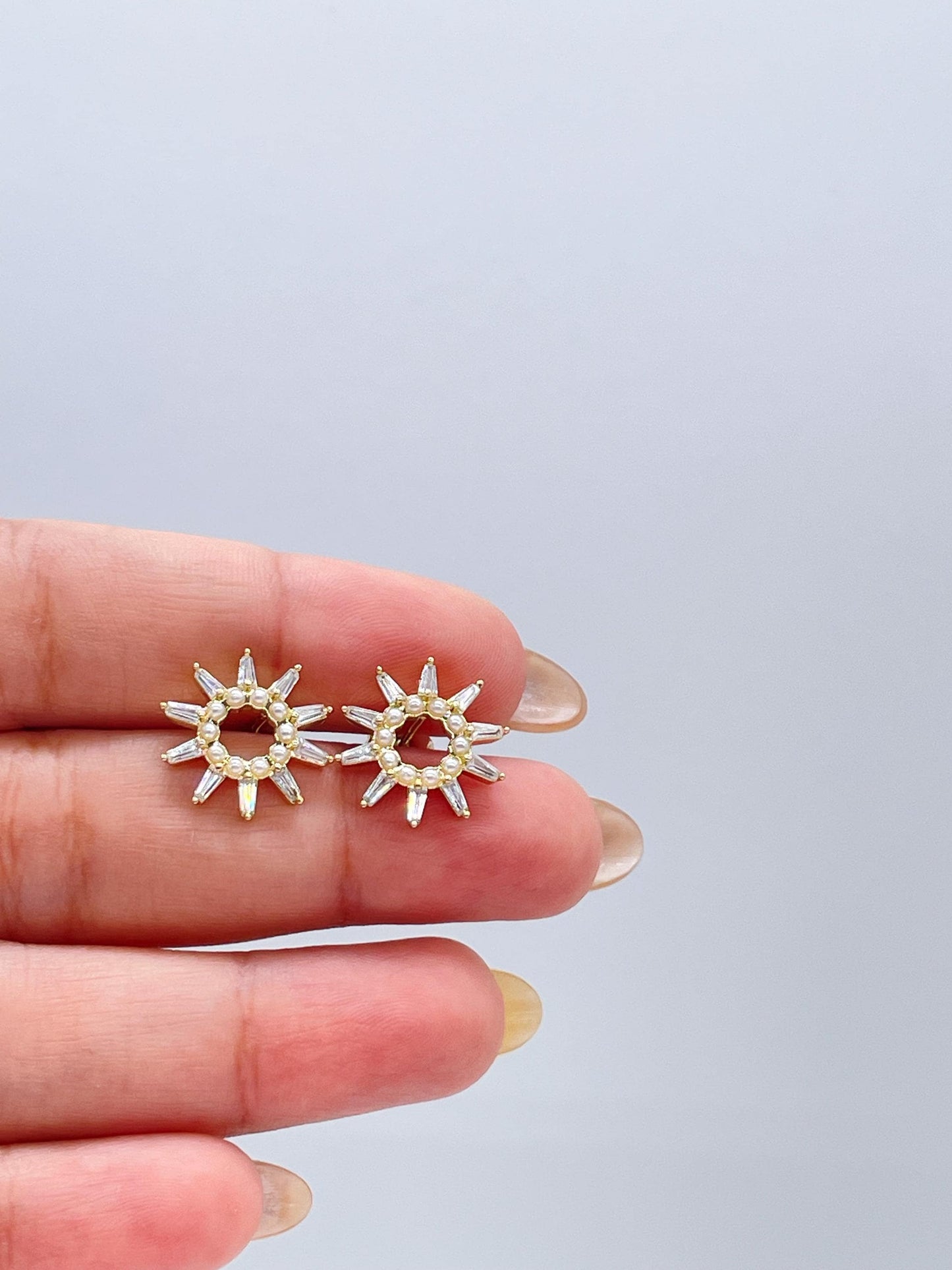 18k Gold Filled Sunburst Pearl Earring Crowned with CZ