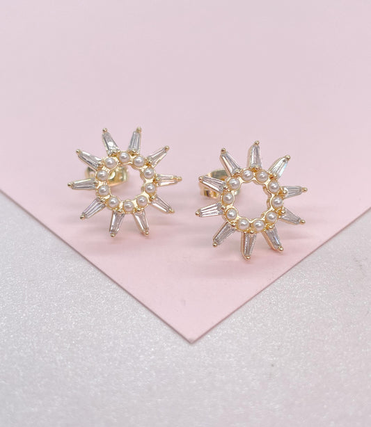 18k Gold Filled Sunburst Pearl Earring Crowned with CZ
