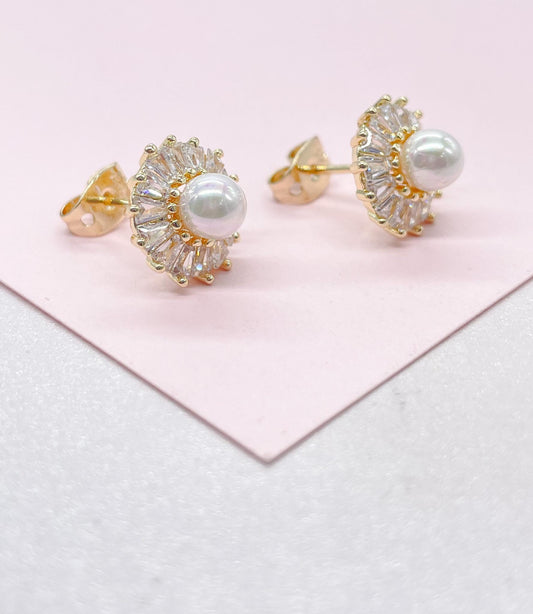 18k Gold Filled Round Stud with mini baguette zirconias and a baby pearl in the middle