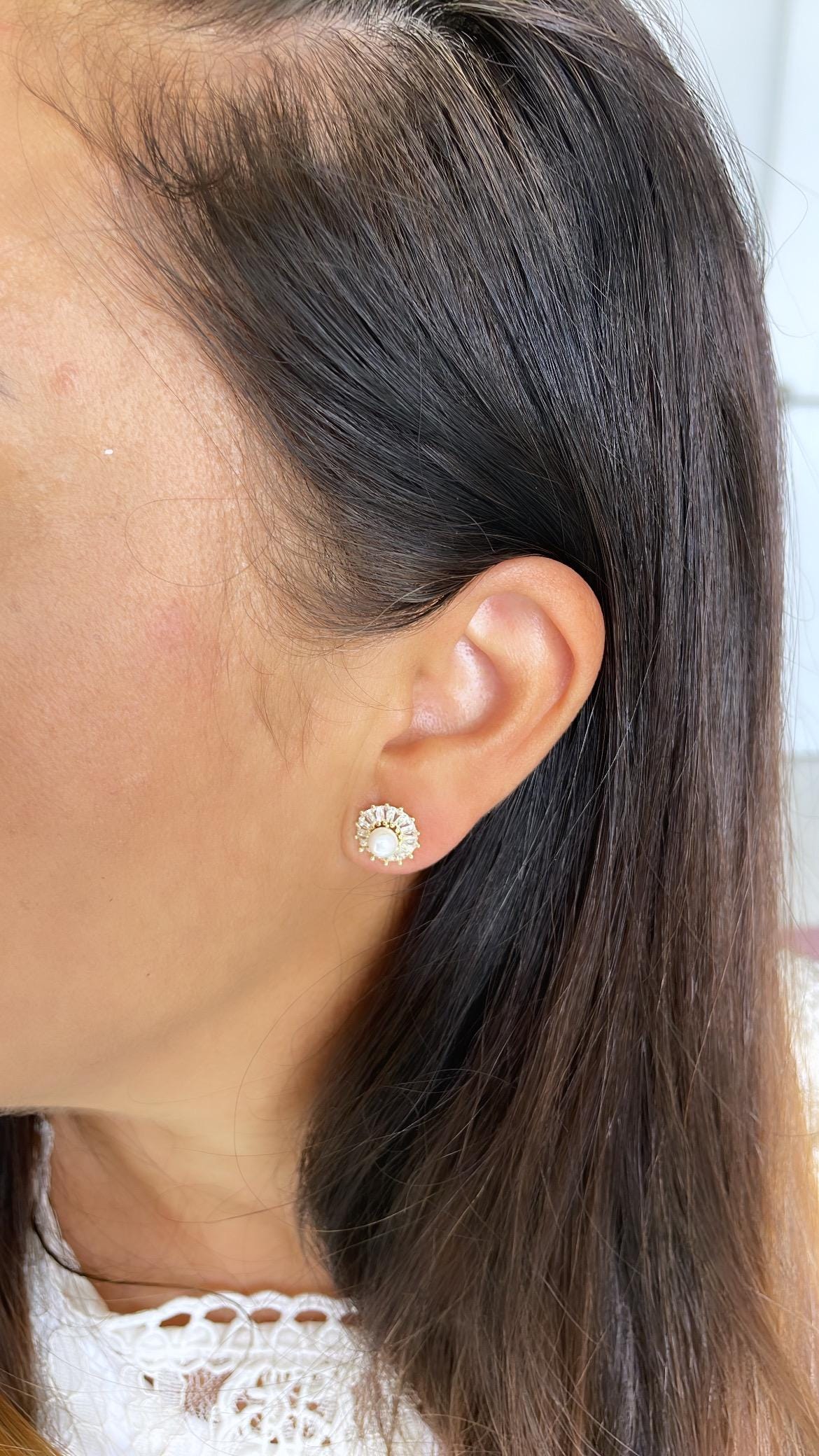 18k Gold Filled Round Stud with mini baguette zirconias and a baby pearl in the middle