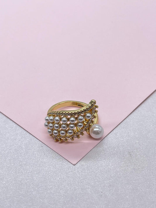 Adjustable 18k Gold Filled Leaf Shape Mini Pearl Ring with Marquise CZ