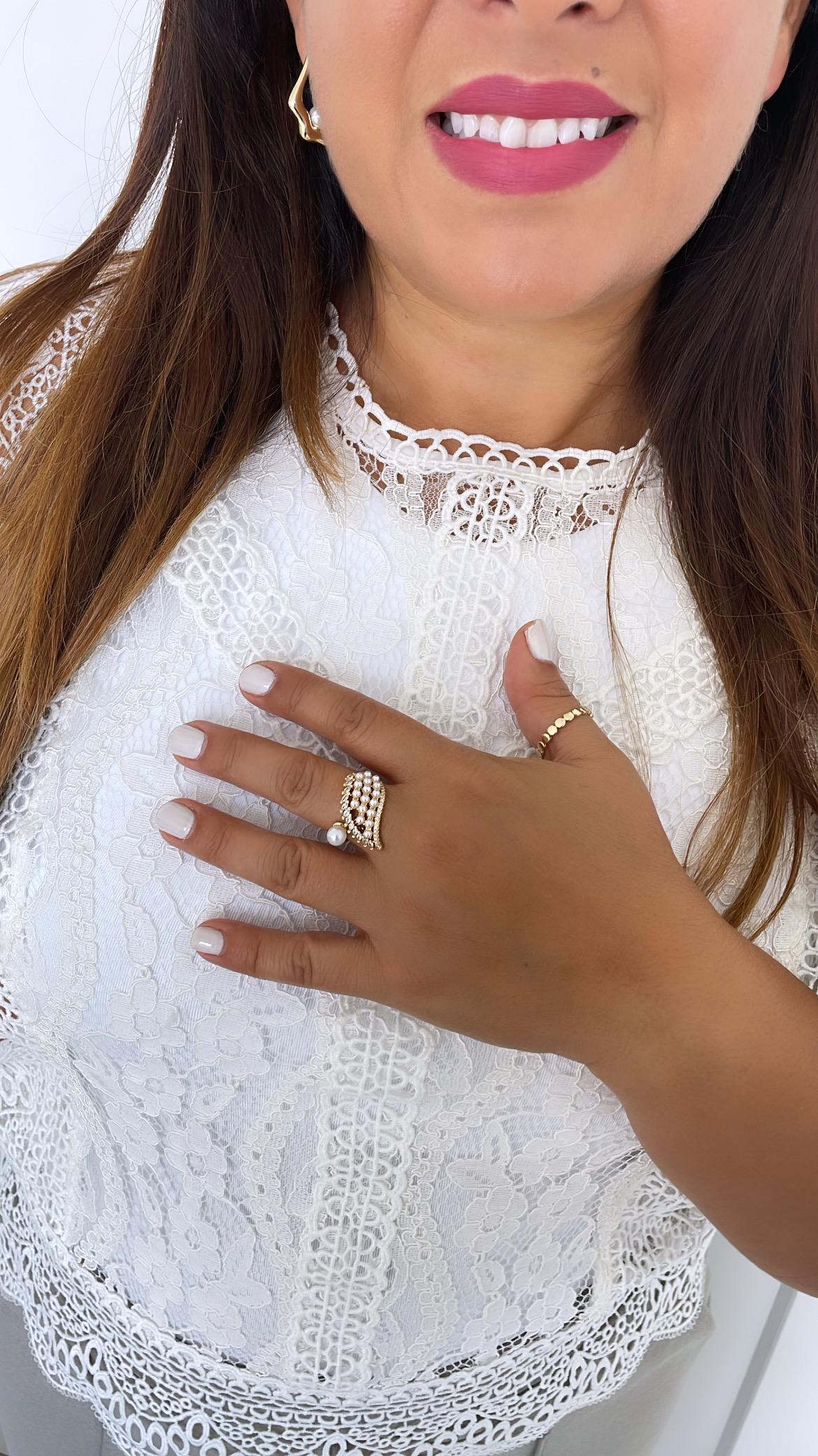 Adjustable 18k Gold Filled Leaf Shape Mini Pearl Ring with Marquise CZ