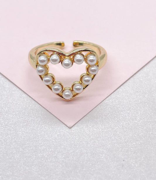 Adjustable 18k Gold Filled Pearl Heart Outline Ring