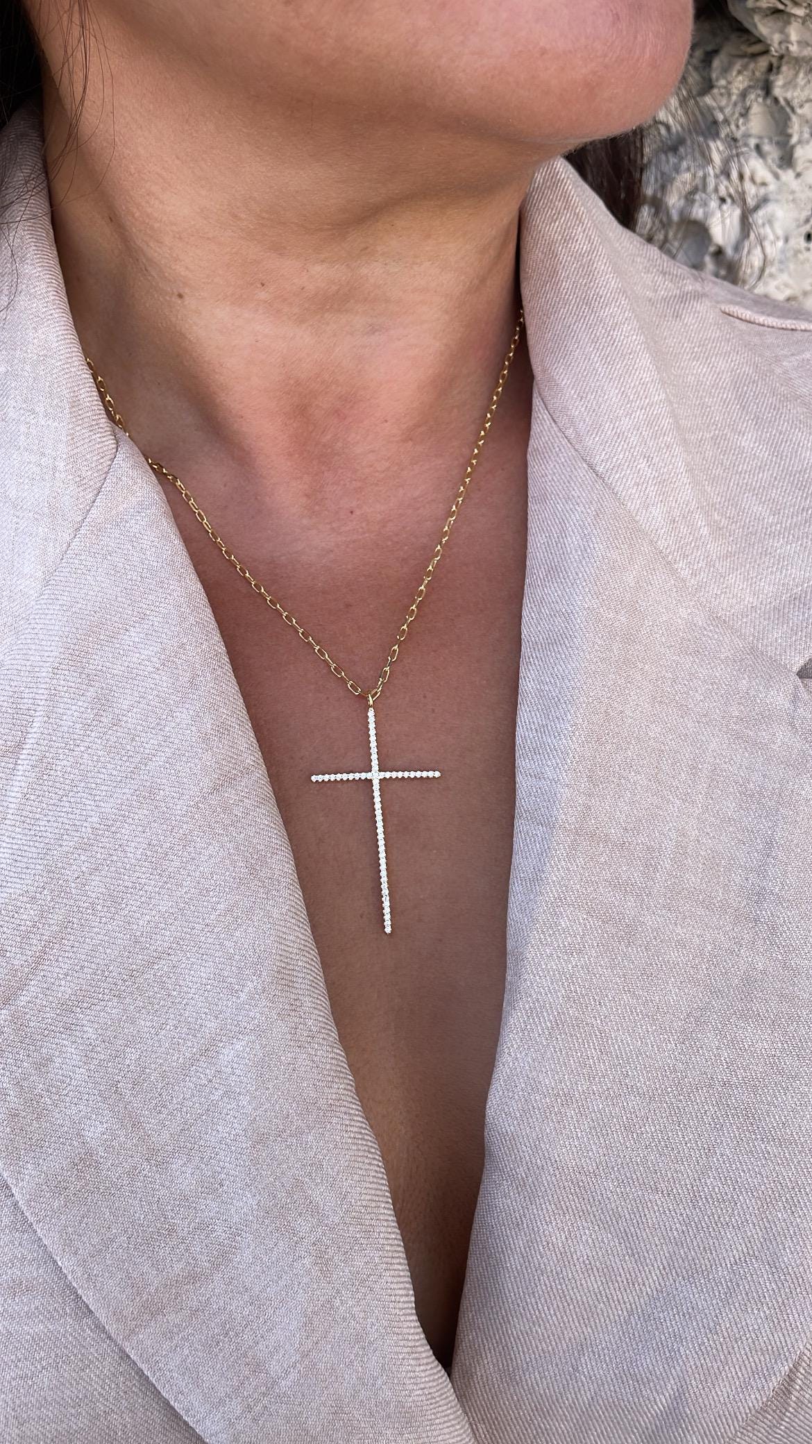 18k Gold Filled 1.5mm Ultra-Thin CZ Cross Pendant with Paper Clip Chain