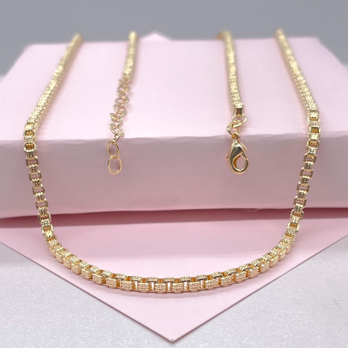 18k Gold Filled Scored Texture XL Link 3mm Box Chain Necklace