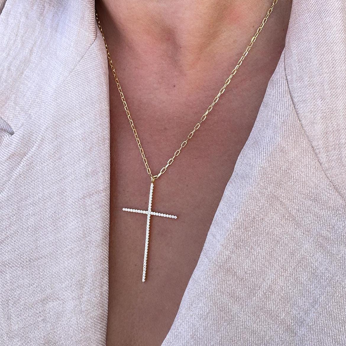 18k Gold Filled 1.5mm Ultra-Thin CZ Cross Pendant with Paper Clip Chain