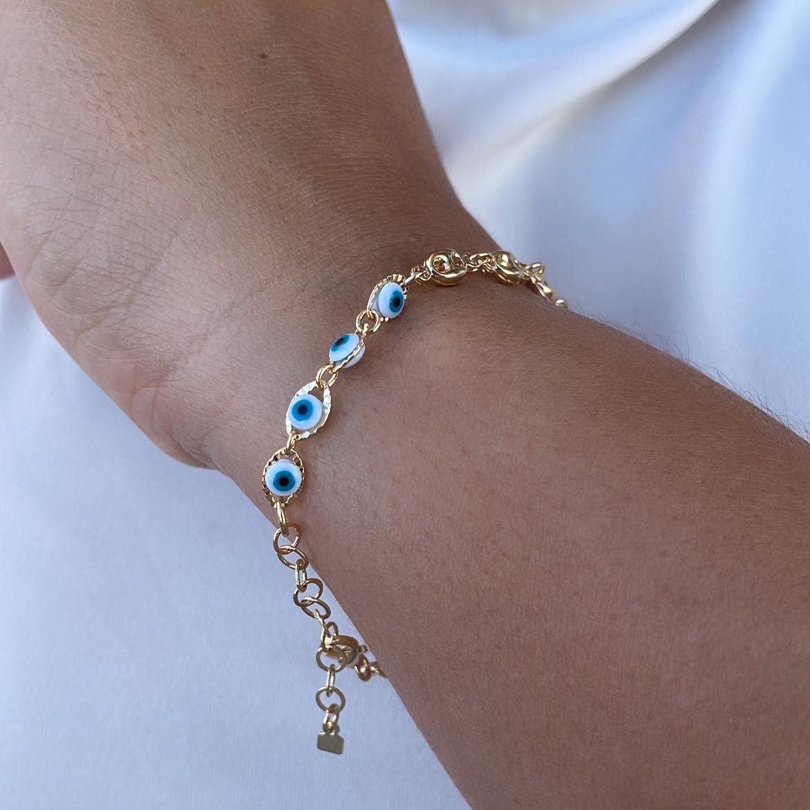 18k Gold Filled Blue Evil Eye Charm Bracelet with Puffy Mariner Links