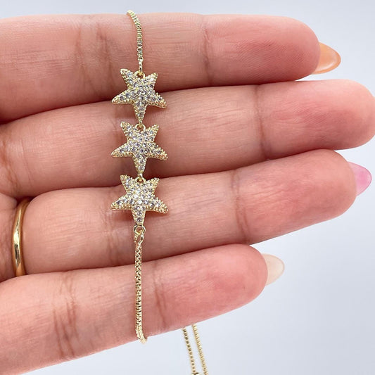 18k Gold Filled 3 Pave Star Adjustable Bracelet