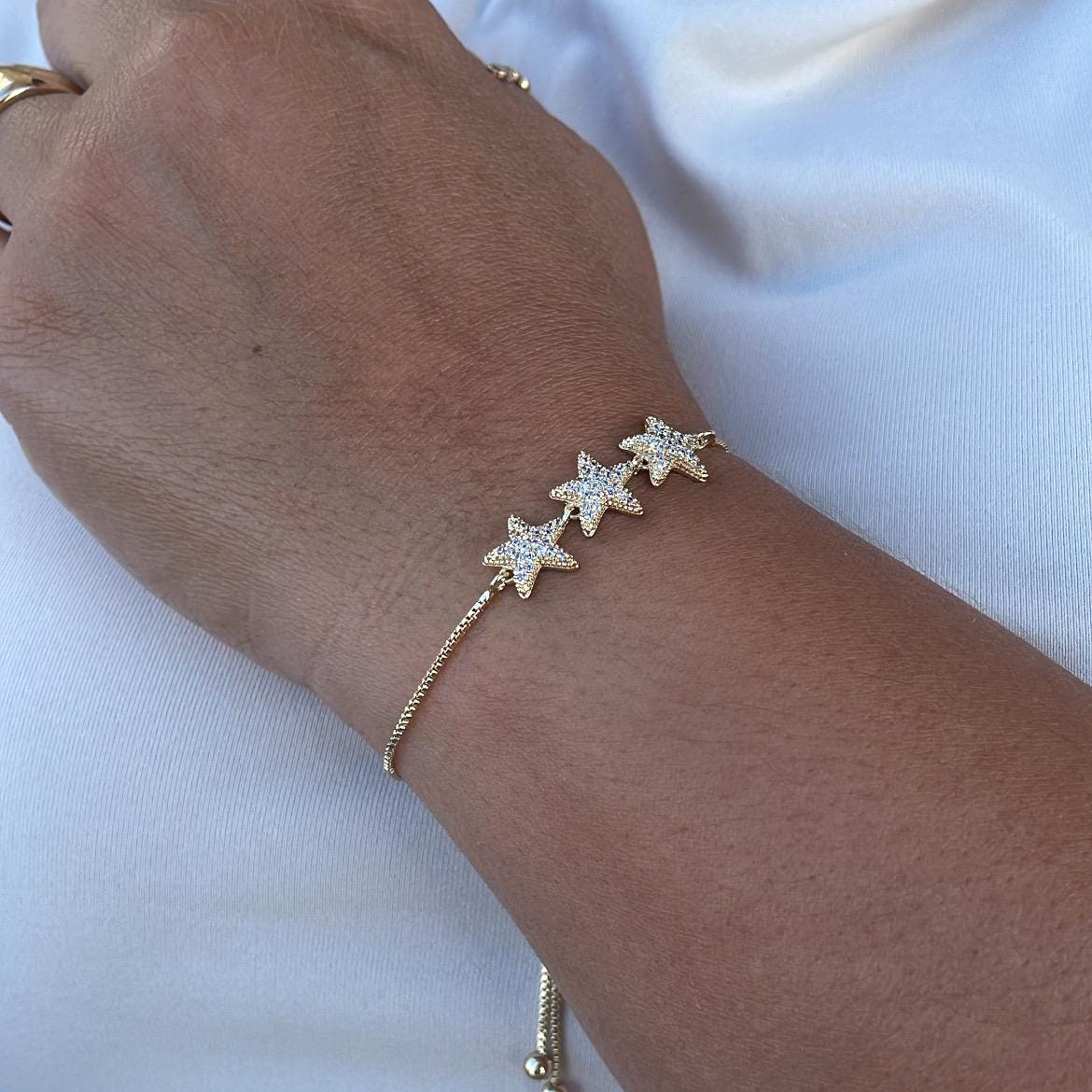 18k Gold Filled 3 Pave Star Adjustable Bracelet
