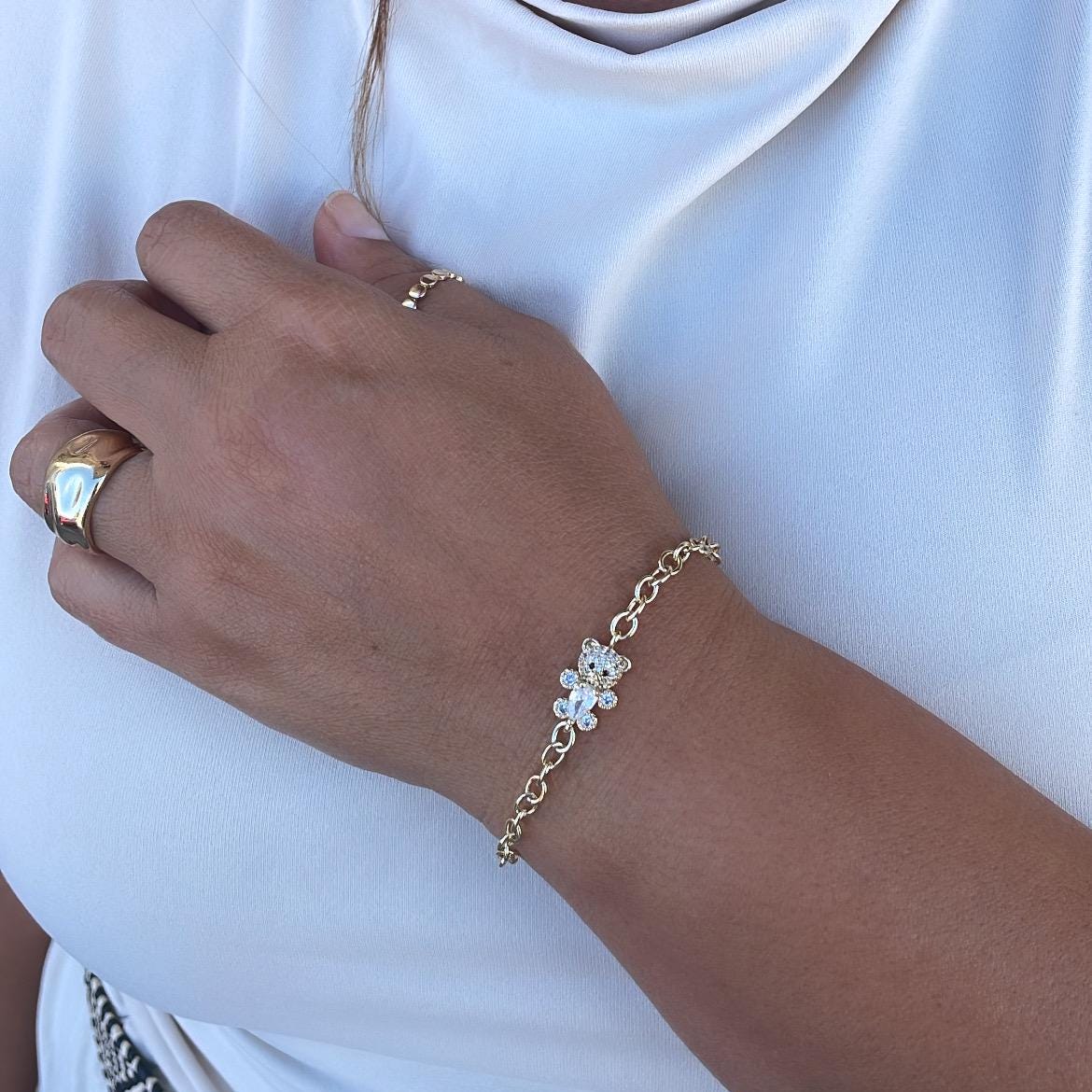 18k Gold Filled Adjustable Curb Link Bracelet With CZ Teddy Bear Center