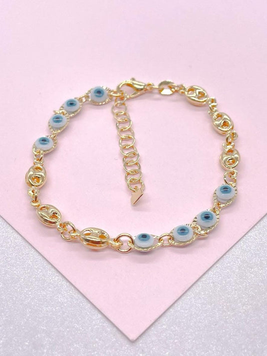 18k Gold Filled Blue Evil Eye Charm Bracelet with Puffy Mariner Links