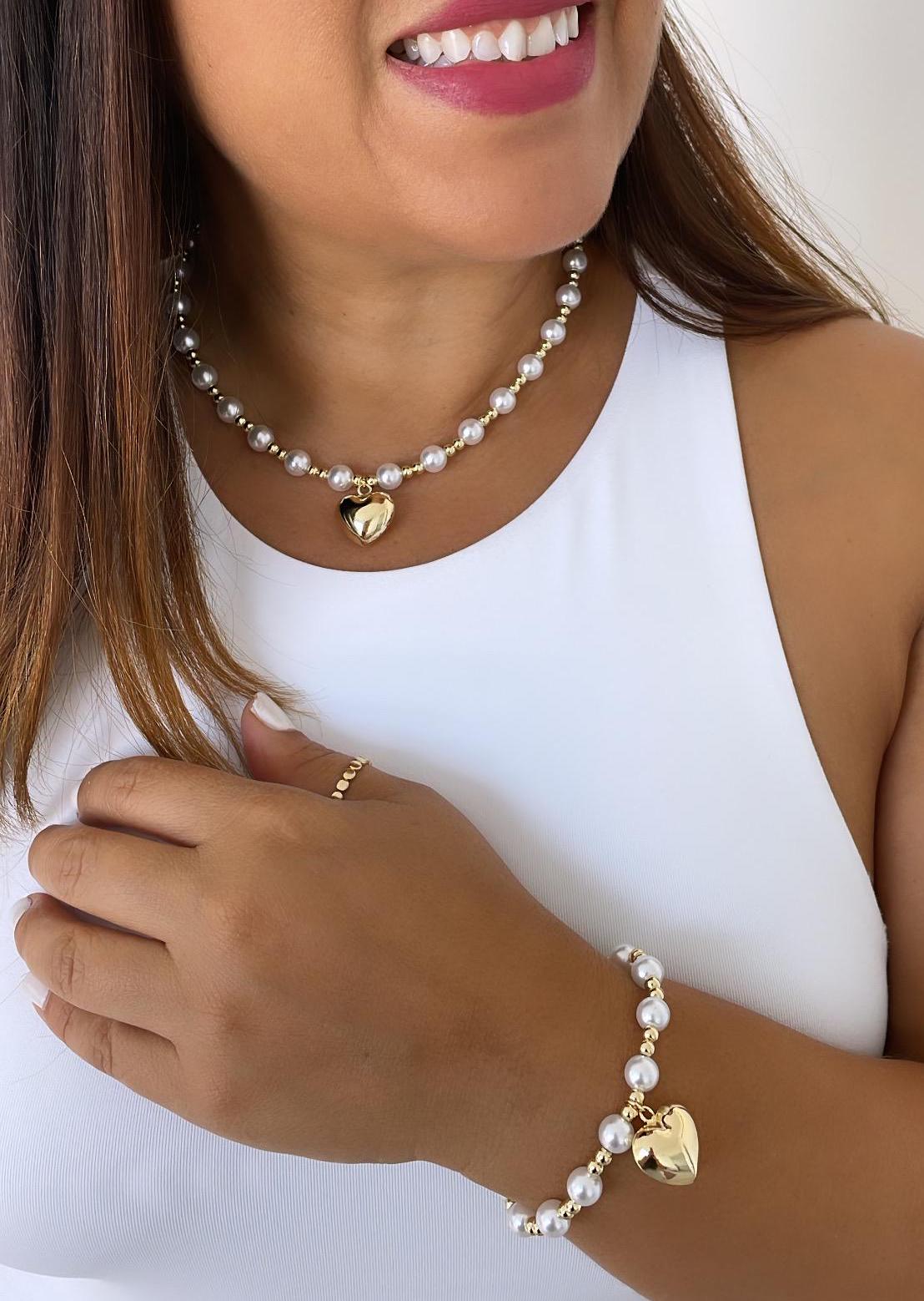 18k Gold Filled Gold And Pearl Bead necklace with Puffy Heart Center