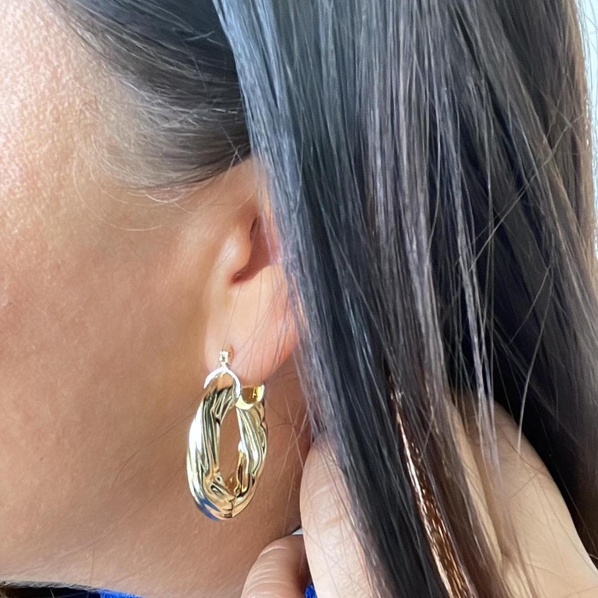 18k Gold Filled Twisted 7mm Thick Hoop Earrings, Thick and Flat Hoop