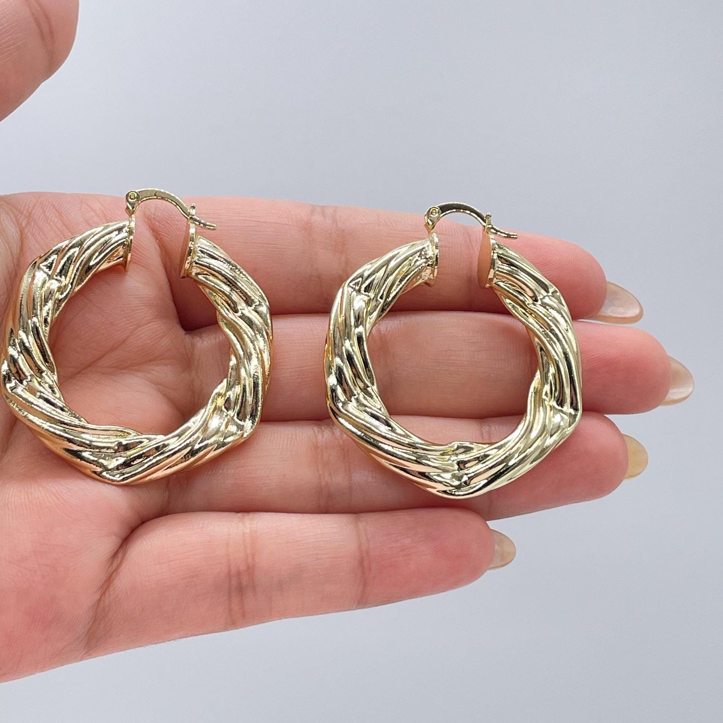 18k Gold Filled Twisted 7mm Thick Hoop Earrings, Thick and Flat Hoop