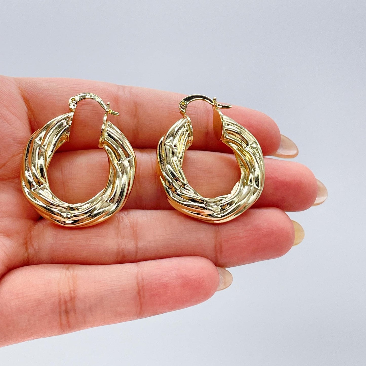 18k Gold Filled Twisted 7mm Thick Hoop Earrings, Thick and Flat Hoop