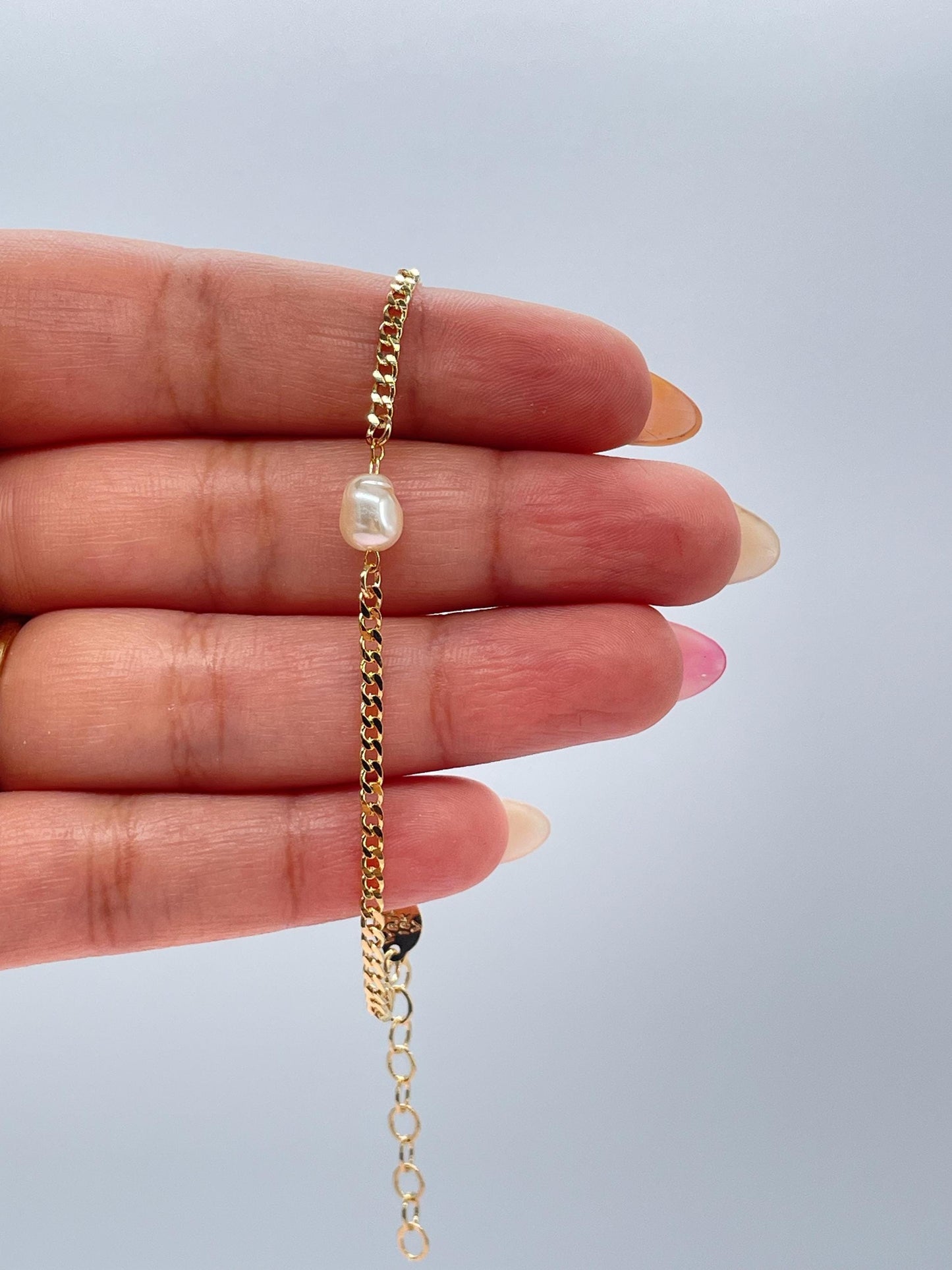 18k Gold Filled Cuban Link Chain with Synthetic Pearl Choker And Bracelet