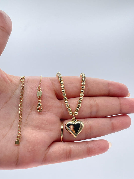 18k Gold Filled 4mm Beaded Choker With Heart Center