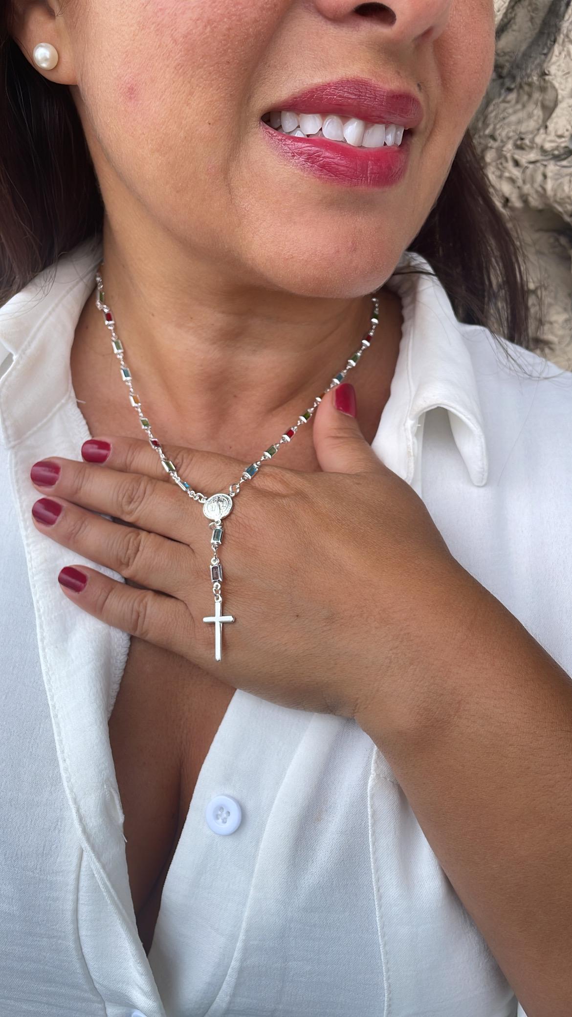 Silver Filled Rosary Necklace: Multicolor St. Benedict Medal, Cross