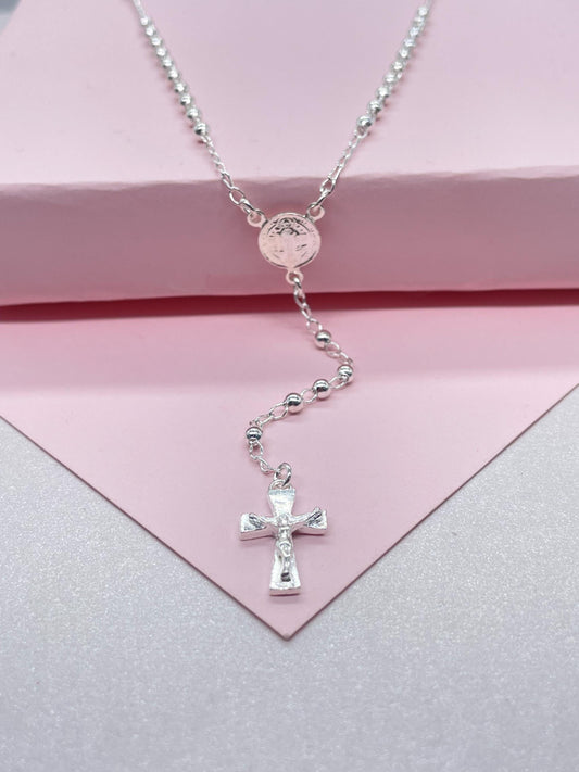 Silver Filled Dainty Rosary with Small Round Saint Benedict Meday and Chunky Crucifix Cross