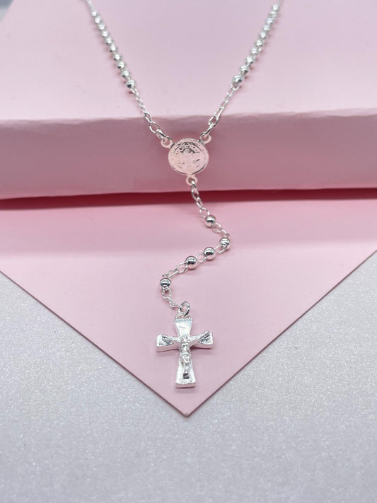 Silver Filled Dainty Rosary with Small Round Saint Benedict Meday and Chunky Crucifix Cross